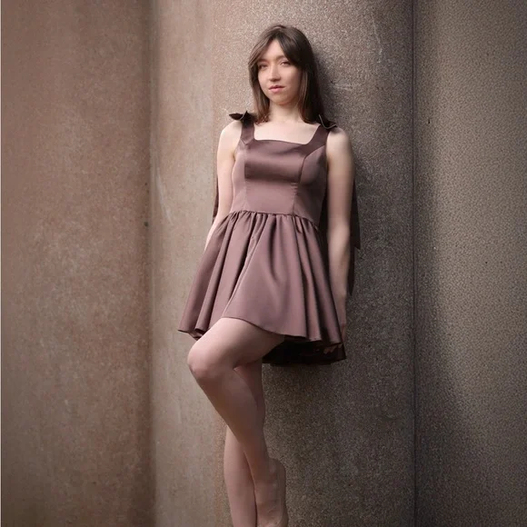 Chic Satin Mini Dress in Deep Brown - Picture 3 of 3